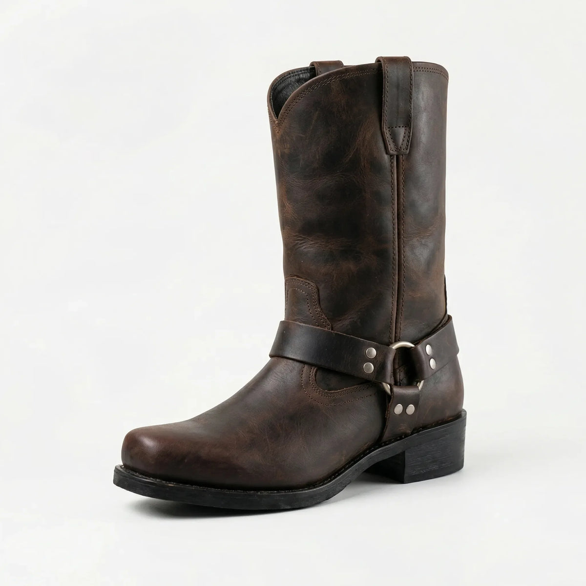 Cowboystövlar herr i läder med harness-spänne, vintage western - höga läderkängor - Ekbrun
