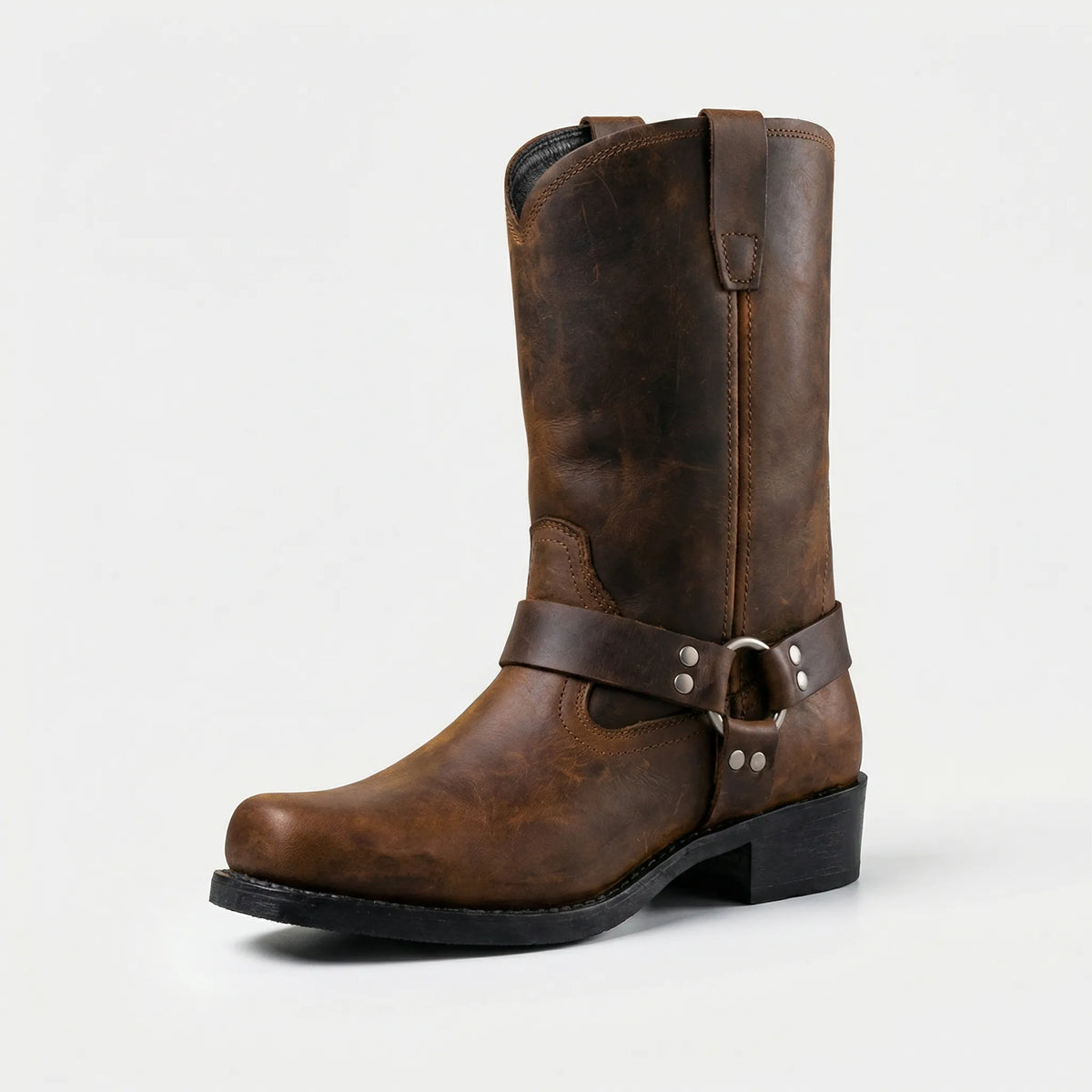 Cowboystövlar herr i läder med harness-spänne, vintage western - höga läderkängor - Kognaksbrun
