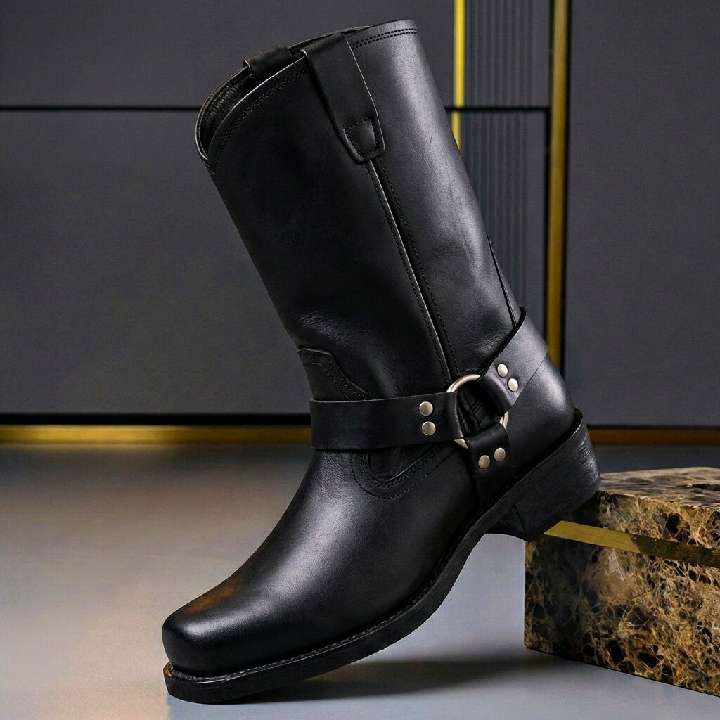 Cowboystövlar herr i läder med harness-spänne, vintage western - höga läderkängor - Obsidian