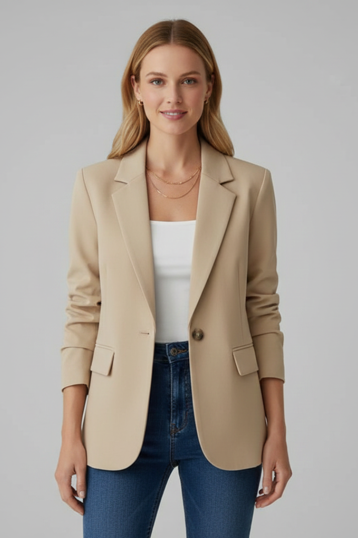 Kavaj dam med klassiskt slag och en knapp, enknäppt blazer till kontoret och festen - Beige
