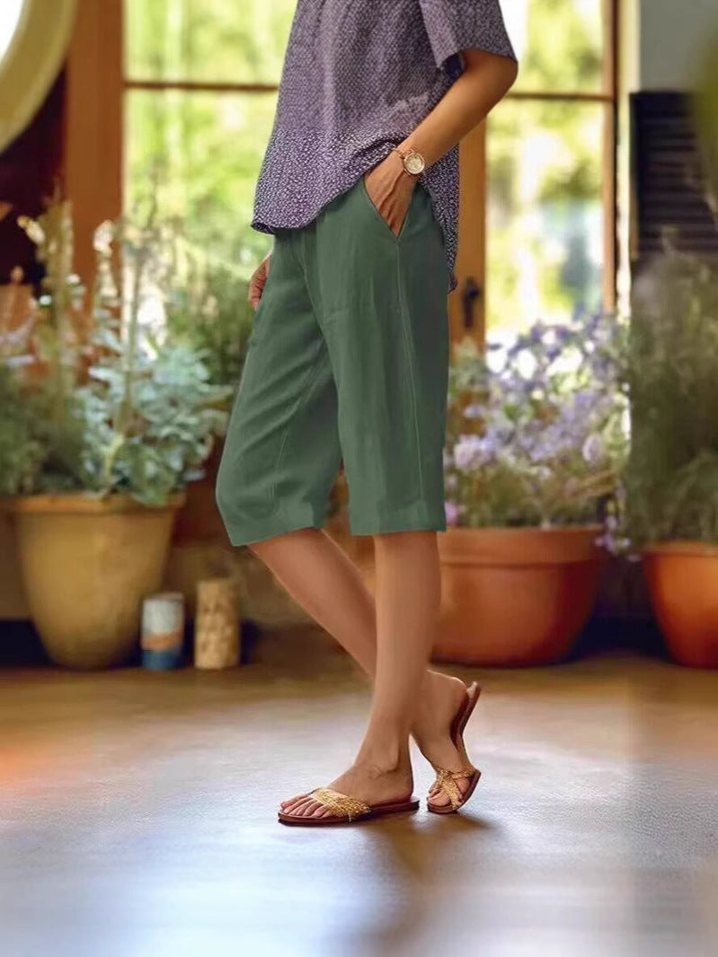 Knälånga shorts för dam med resårmidja och fickor, bermudashorts till sommaren - Grön