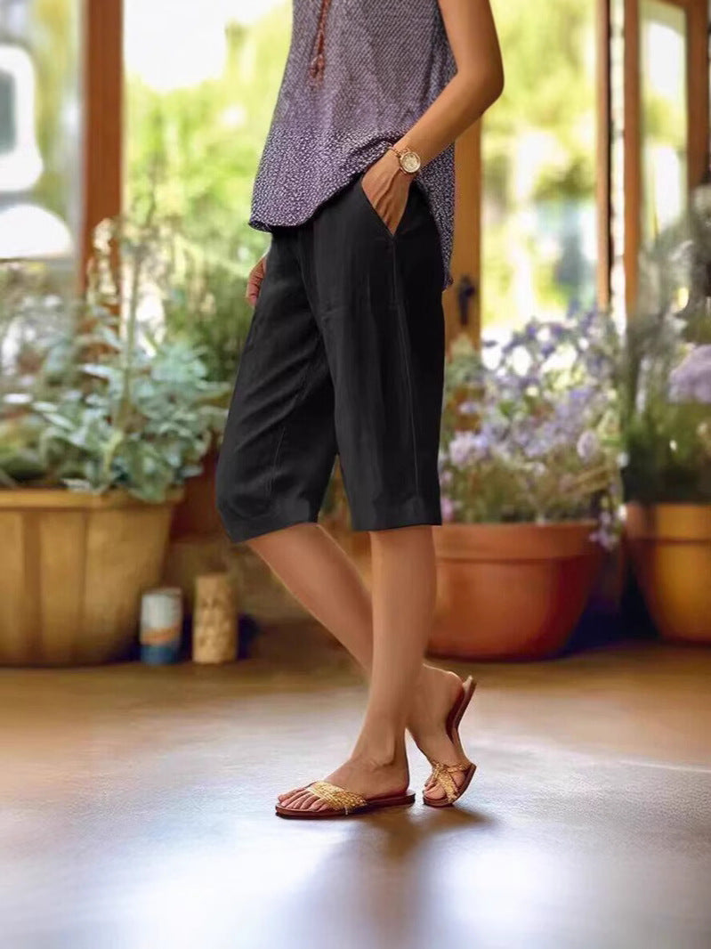 Knälånga shorts för dam med resårmidja och fickor, bermudashorts till sommaren - Svart