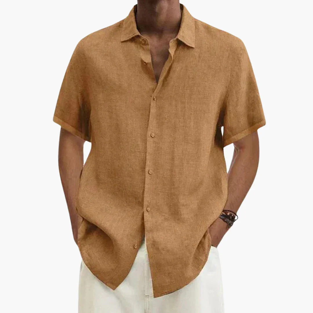 Kortärmad linneskjorta herr, ledig sommarskjorta till stranden och semestern - Khaki