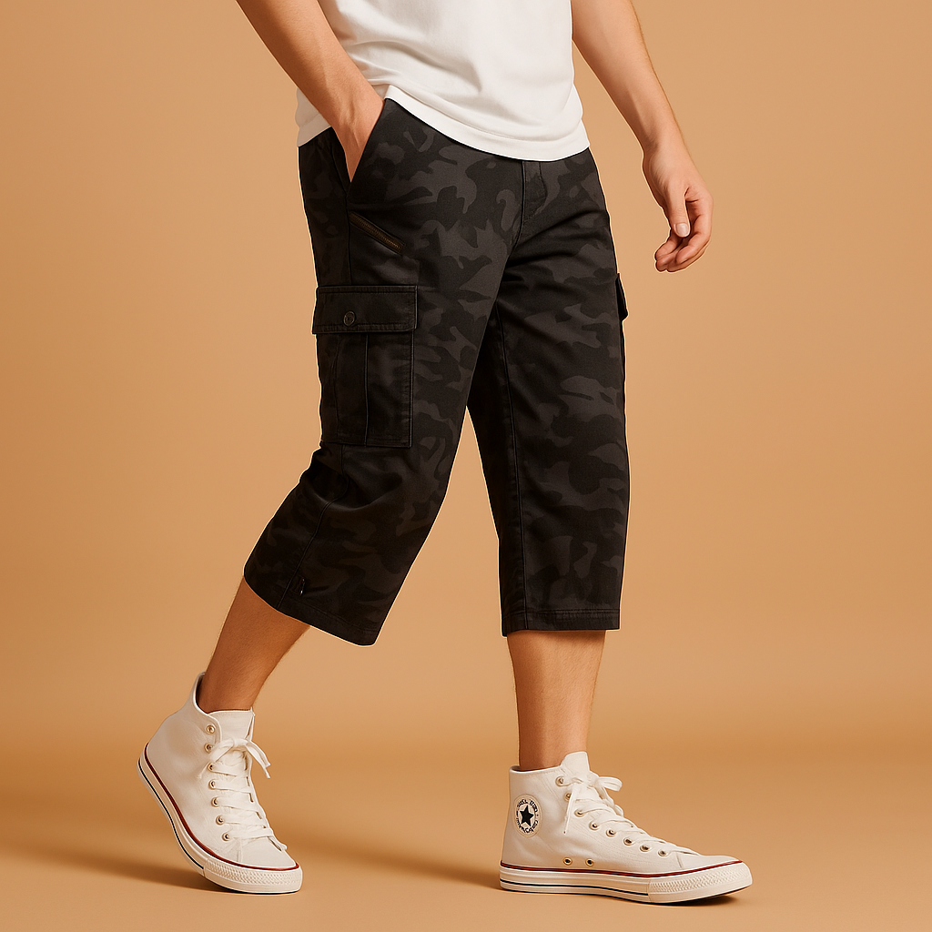 Långa cargoshorts herr i bomull med sidofickor, till sommaren och fritiden - Grå