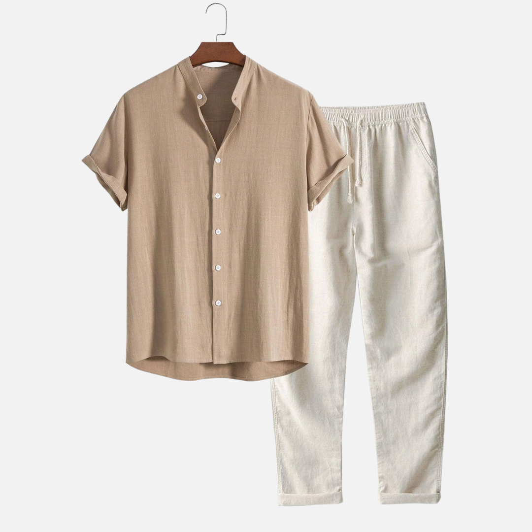 Linneset herr, tvådelat sommarset med kortärmad skjorta och byxor, matchande set - Beige