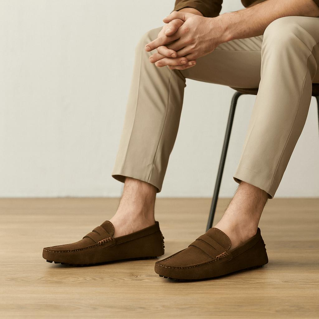 Loafers herr i mocka, italienskt inspirerade penny loafers till kostym och vardag - Brun