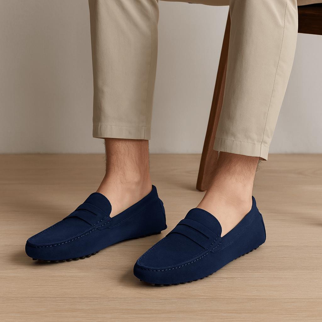 Loafers herr i mocka, italienskt inspirerade penny loafers till kostym och vardag - Mörkblå