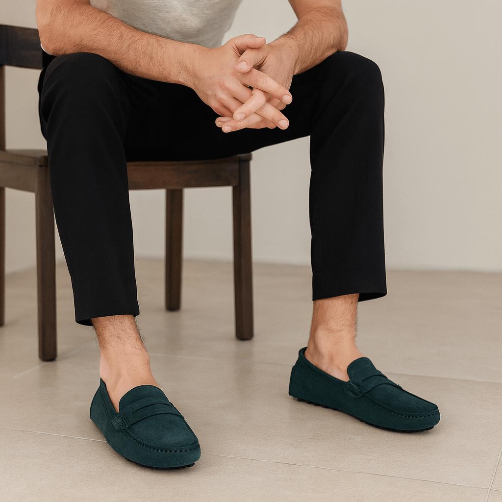 Loafers herr i mocka, italienskt inspirerade penny loafers till kostym och vardag - Mörkgrön