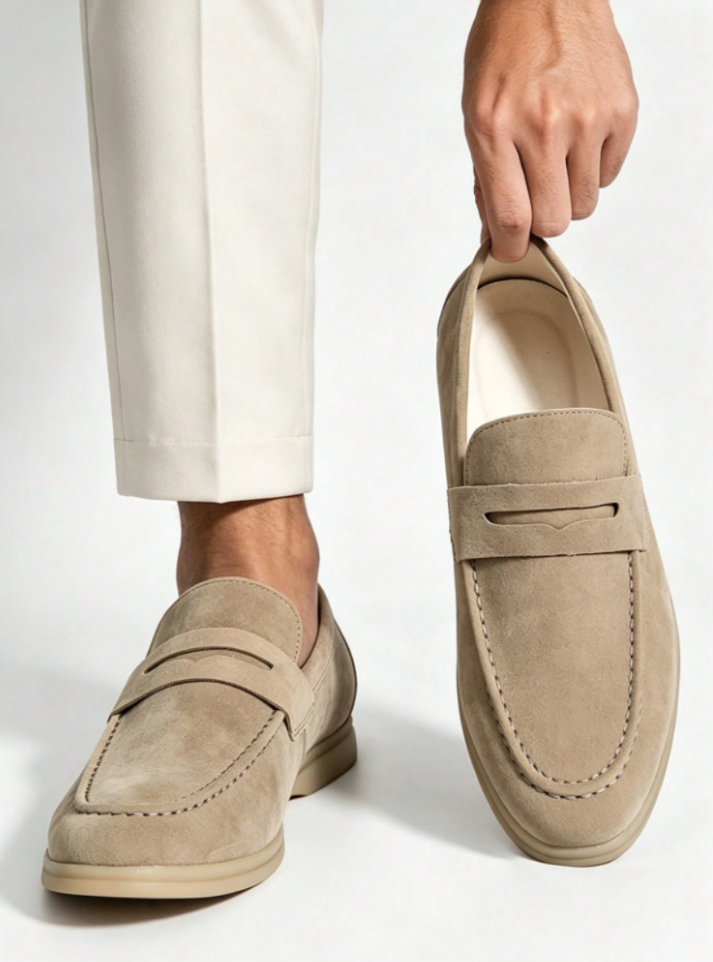 Loafers herr i mocka, penny loafers utan snörning med rundad tå, till kostym och sommar - Beige