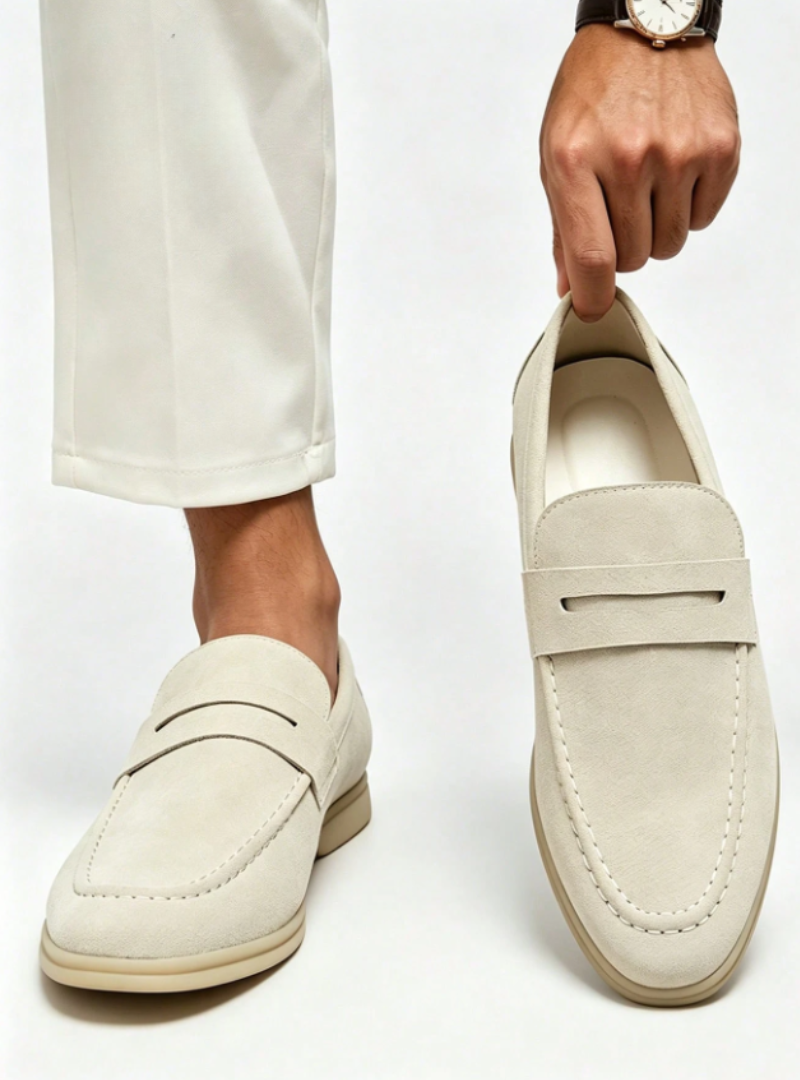 Loafers herr i mocka, penny loafers utan snörning med rundad tå, till kostym och sommar - Vit