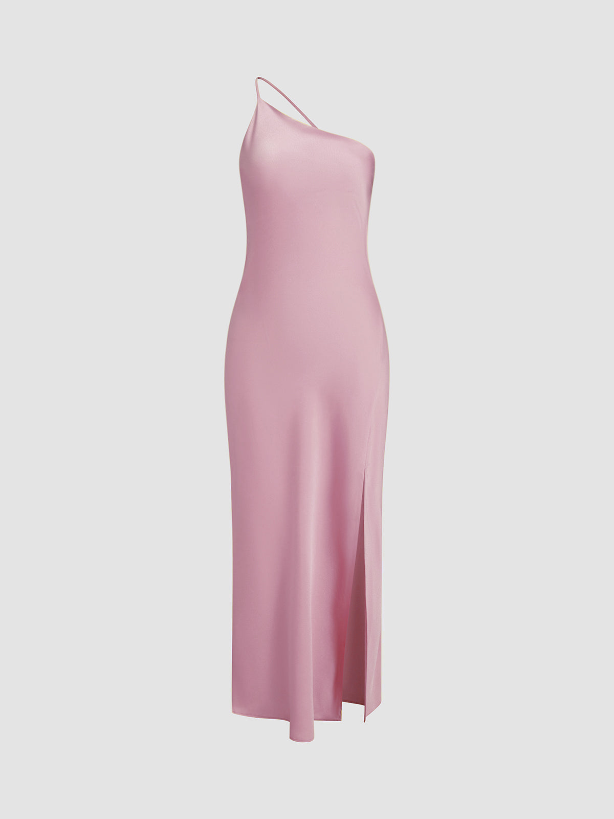 Midiklänning dam i satin med öppen rygg och one shoulder, slits, till fest och bröllop - Rosa