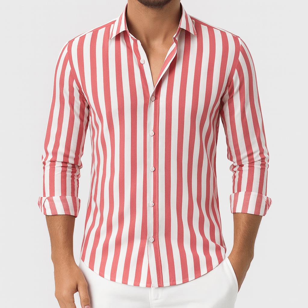 Randig skjorta herr med lång ärm och knäppning i andningsbart material, casual - Rosa