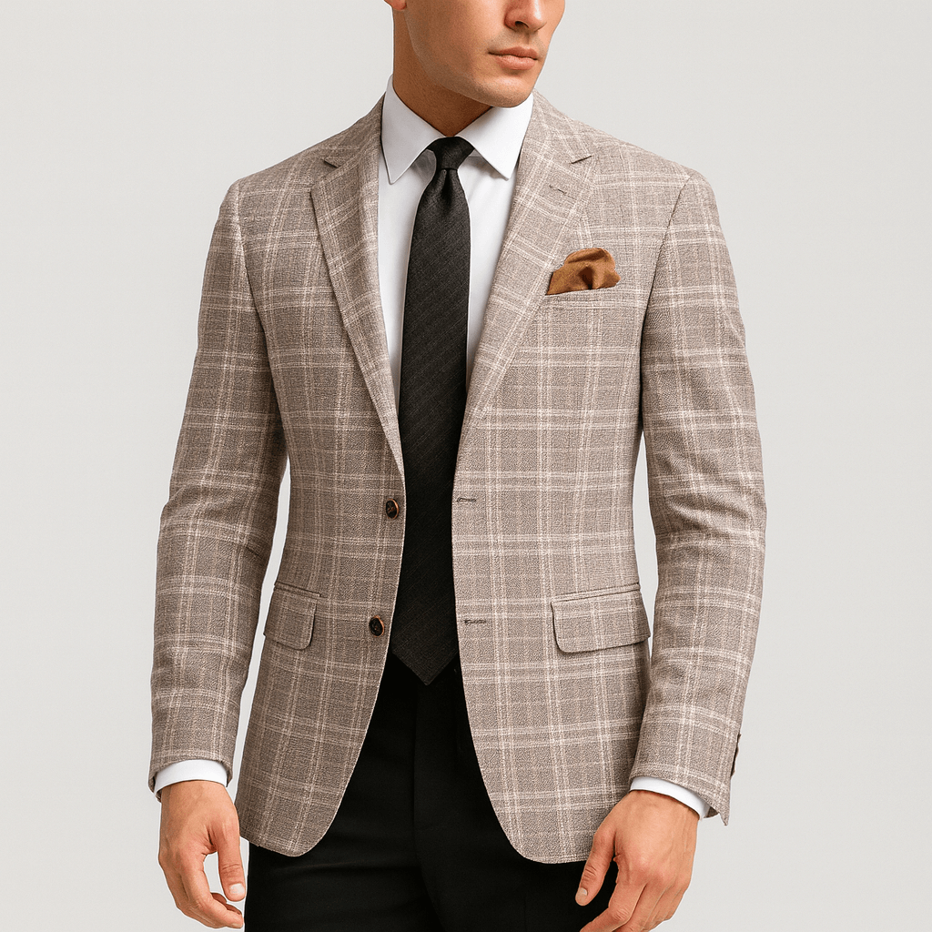 Rutig kavaj herr med smal passform, blazer till jeans, bröllop och fest - Beige