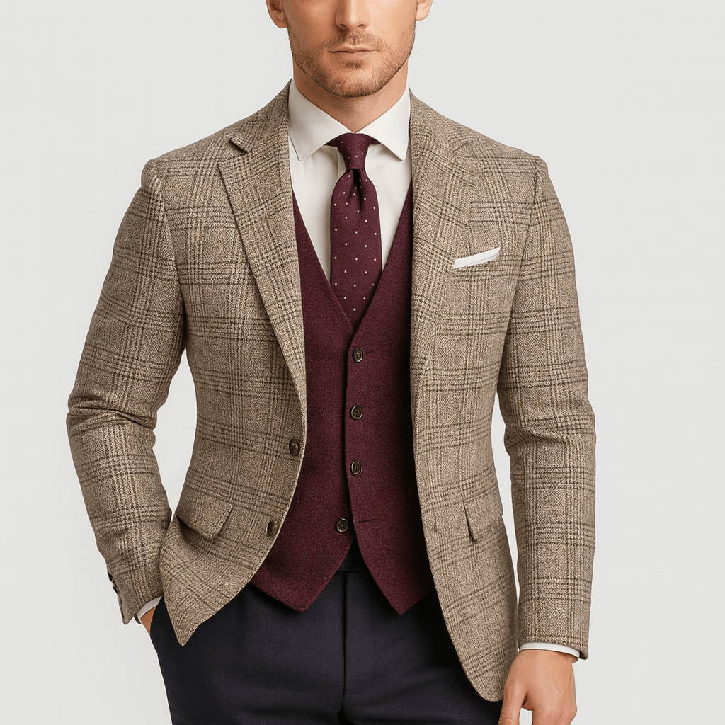 Rutig kavaj herr med smal passform, blazer till jeans, bröllop och fest - Brun