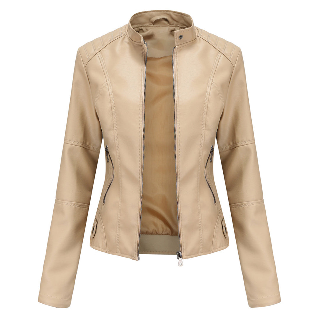 Skinnjacka dam i konstläder med ståkrage och dragkedja, figursydd modell - Beige