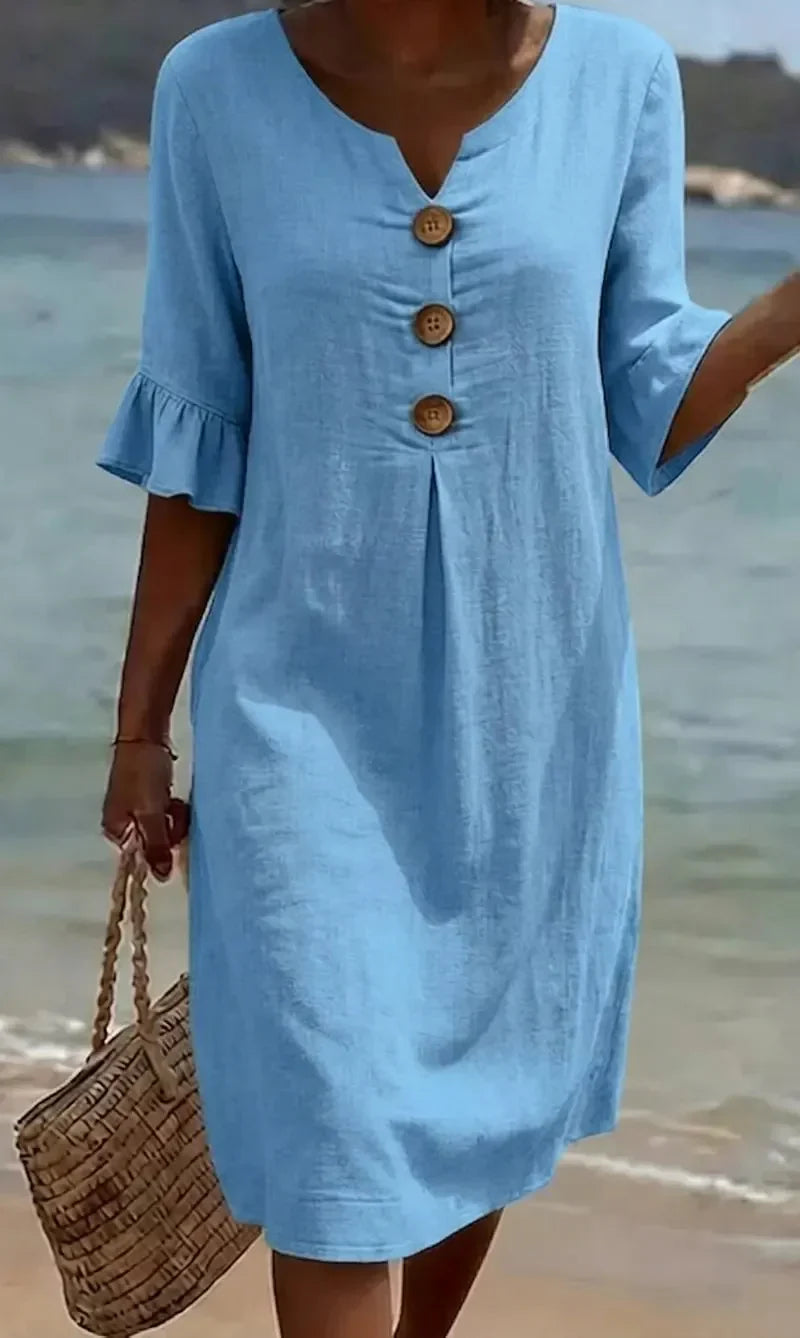 Sommarklänning dam i linnelook, midi med träknappar och volangärm, till strand och vardag - Blå