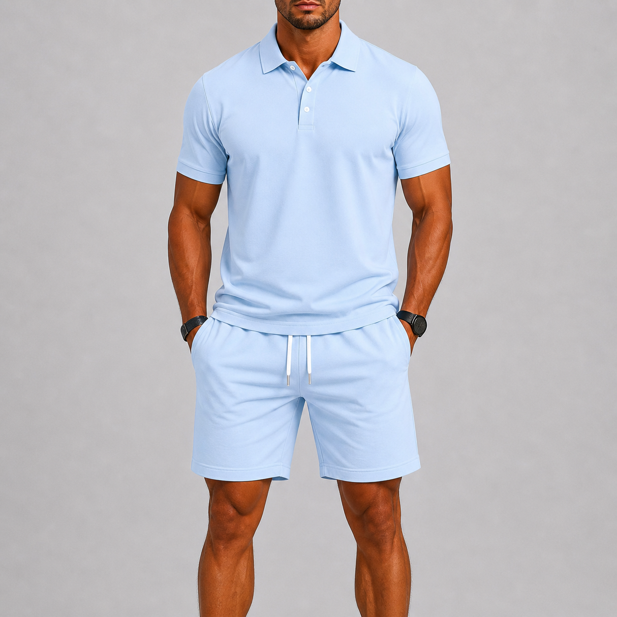 Sportset för herr med kortärmad piké och shorts, lätt och luftigt för sommaren och stranden - Blå