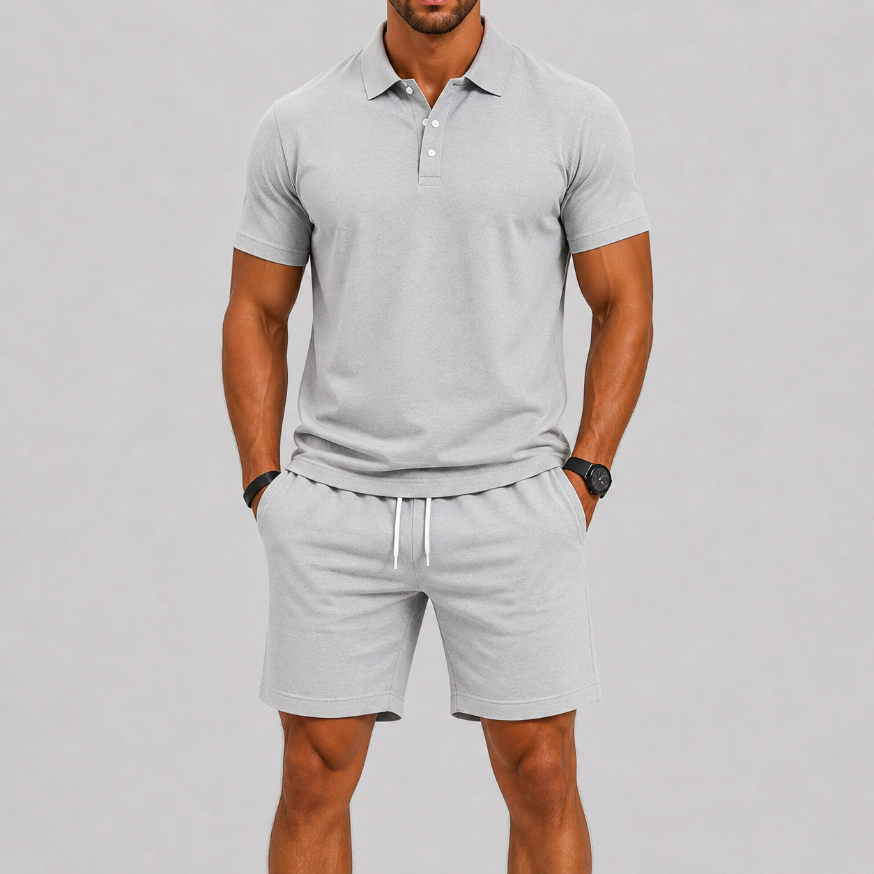 Sportset för herr med kortärmad piké och shorts, lätt och luftigt för sommaren och stranden - Grå