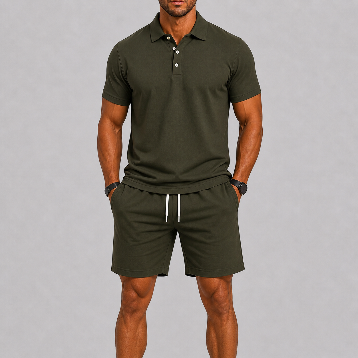 Sportset för herr med kortärmad piké och shorts, lätt och luftigt för sommaren och stranden - Grön