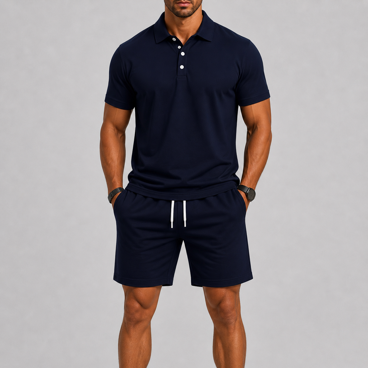 Sportset för herr med kortärmad piké och shorts, lätt och luftigt för sommaren och stranden - Marinblå
