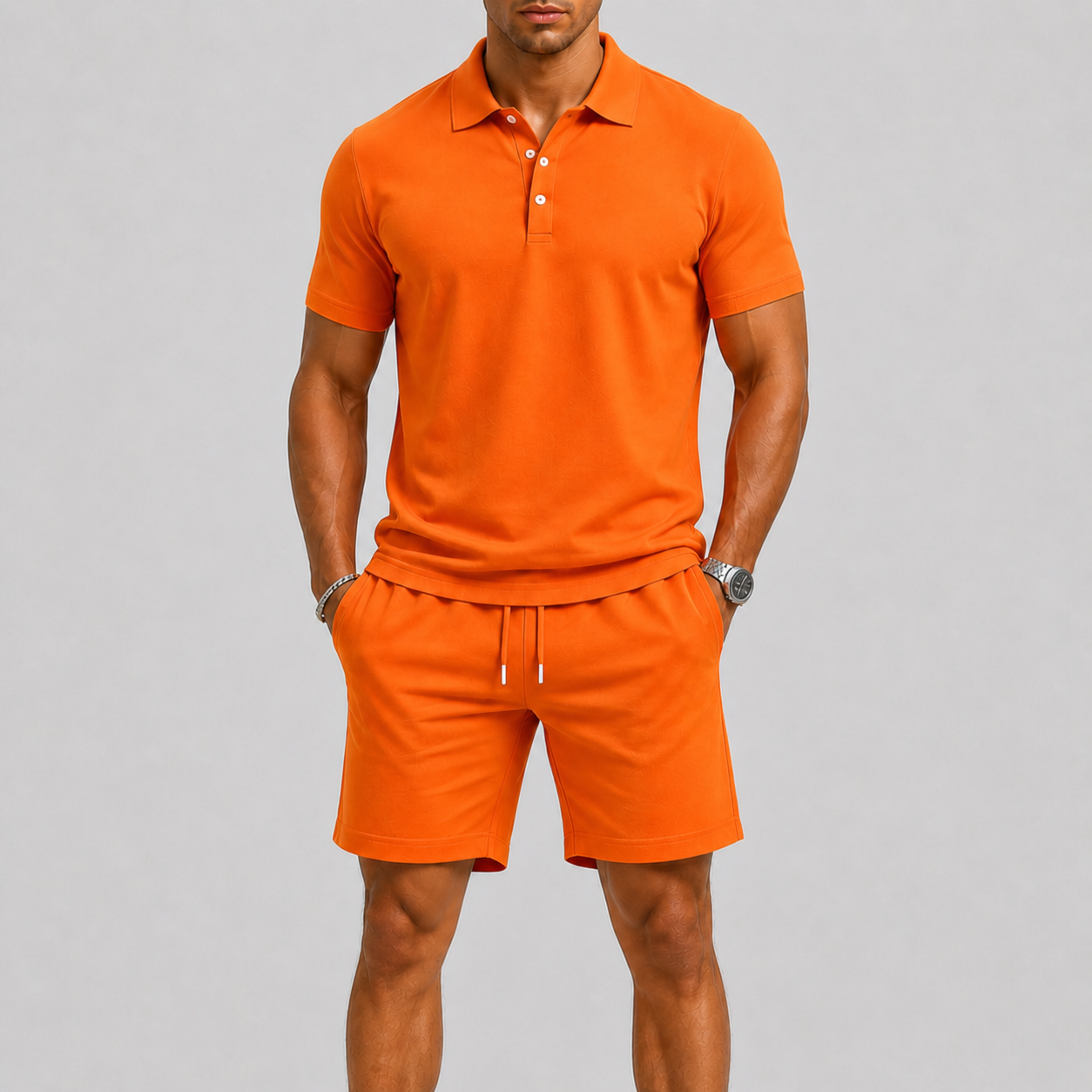 Sportset för herr med kortärmad piké och shorts, lätt och luftigt för sommaren och stranden - Orange
