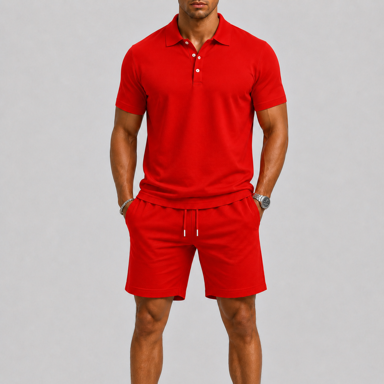 Sportset för herr med kortärmad piké och shorts, lätt och luftigt för sommaren och stranden - Röd