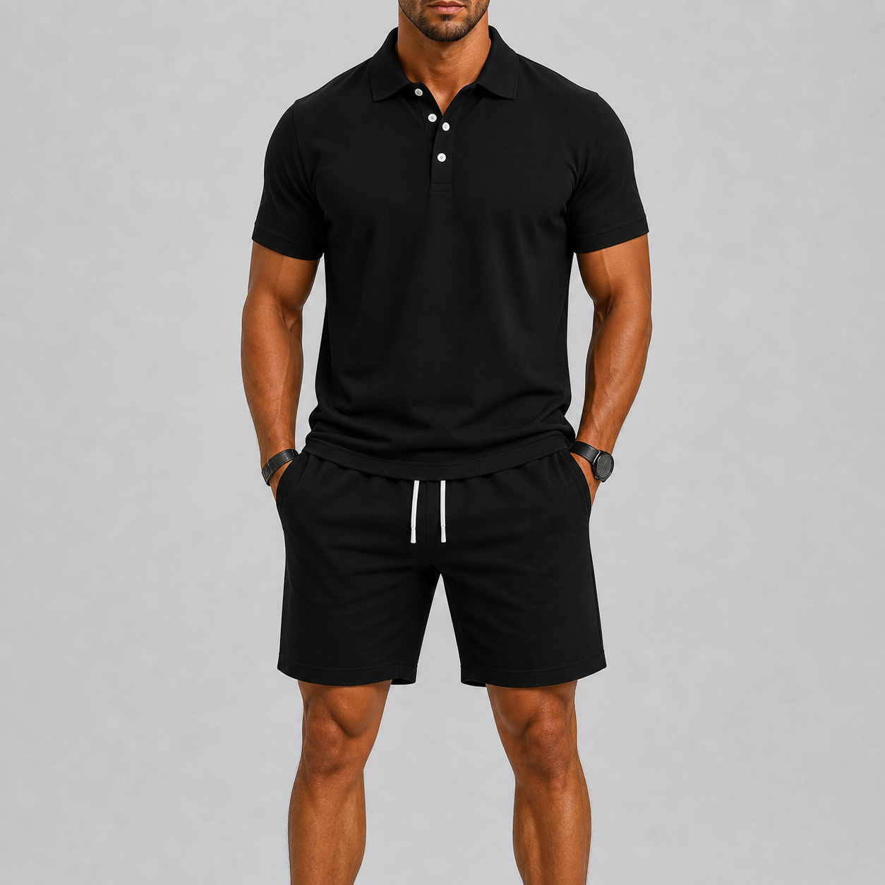 Sportset för herr med kortärmad piké och shorts, lätt och luftigt för sommaren och stranden - Svart