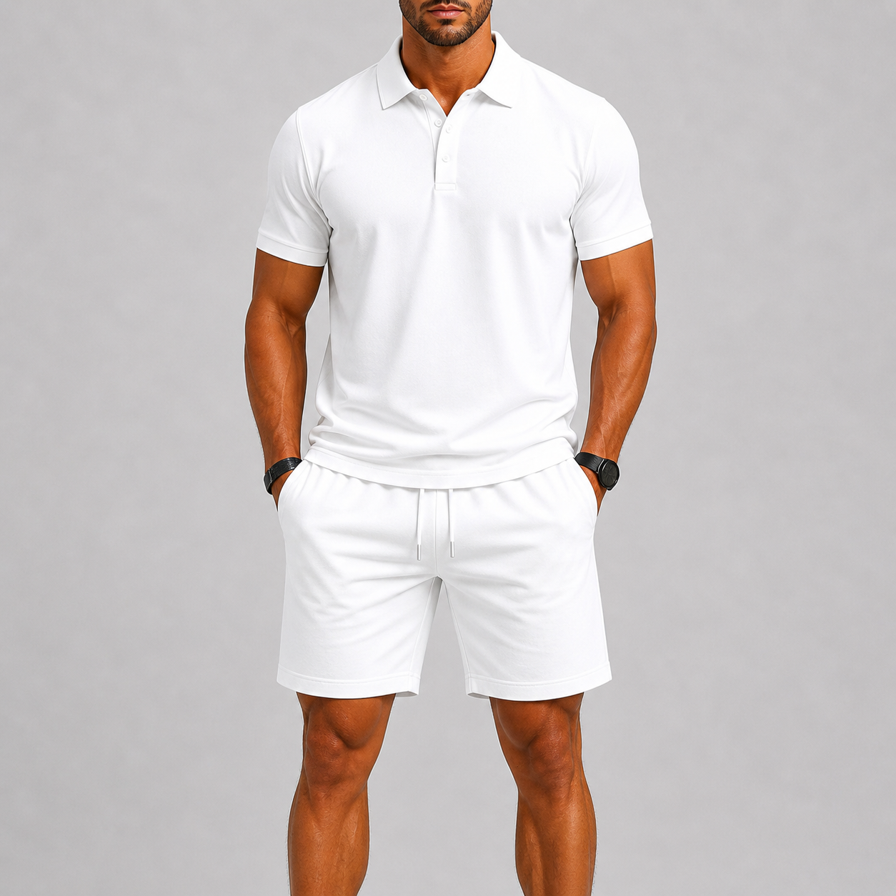 Sportset för herr med kortärmad piké och shorts, lätt och luftigt för sommaren och stranden - Vit