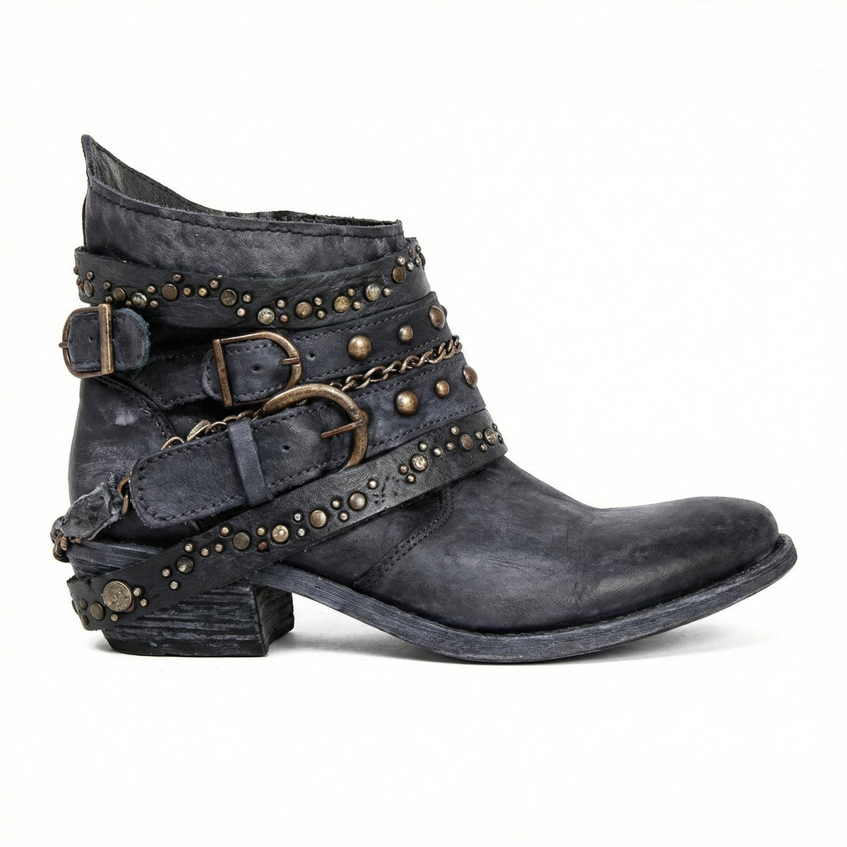 Stövletter dam med nitar, spännen och kedja, vintage boots med klack - view 10