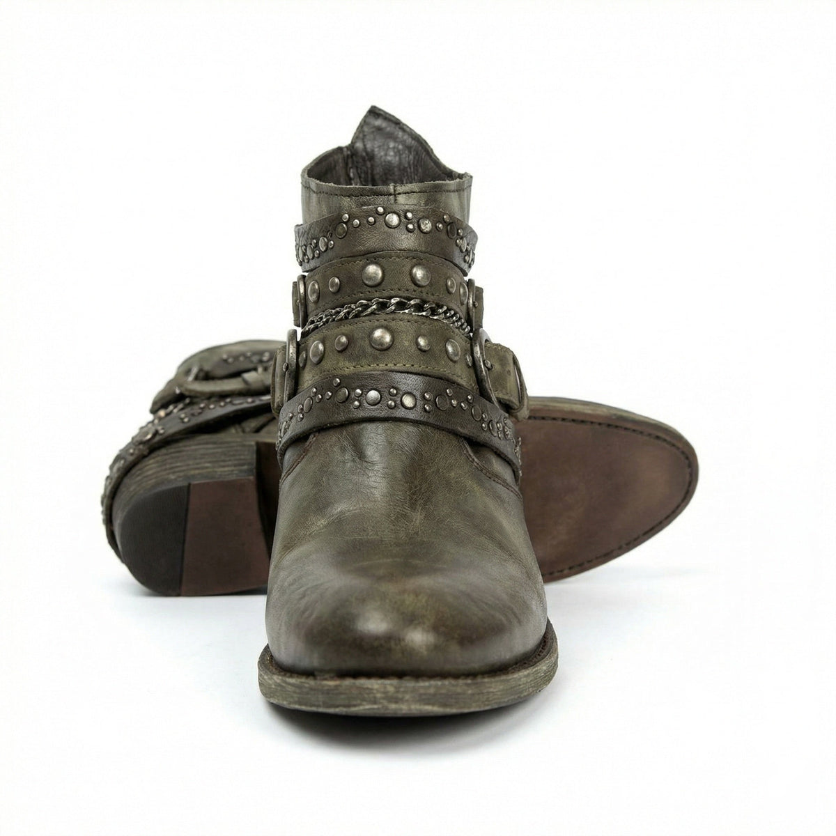 Stövletter dam med nitar, spännen och kedja, vintage boots med klack - view 12