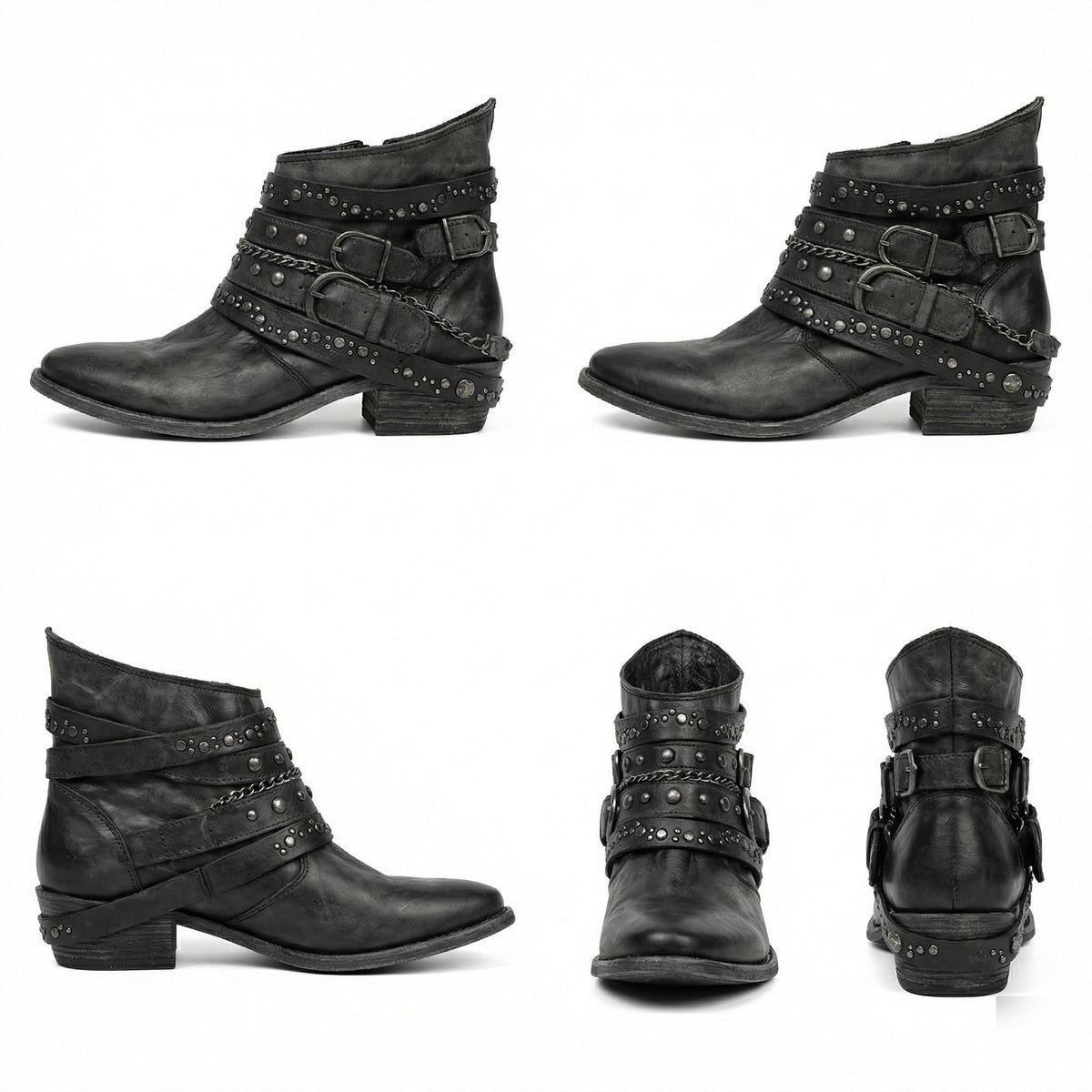 Stövletter dam med nitar, spännen och kedja, vintage boots med klack - view 16