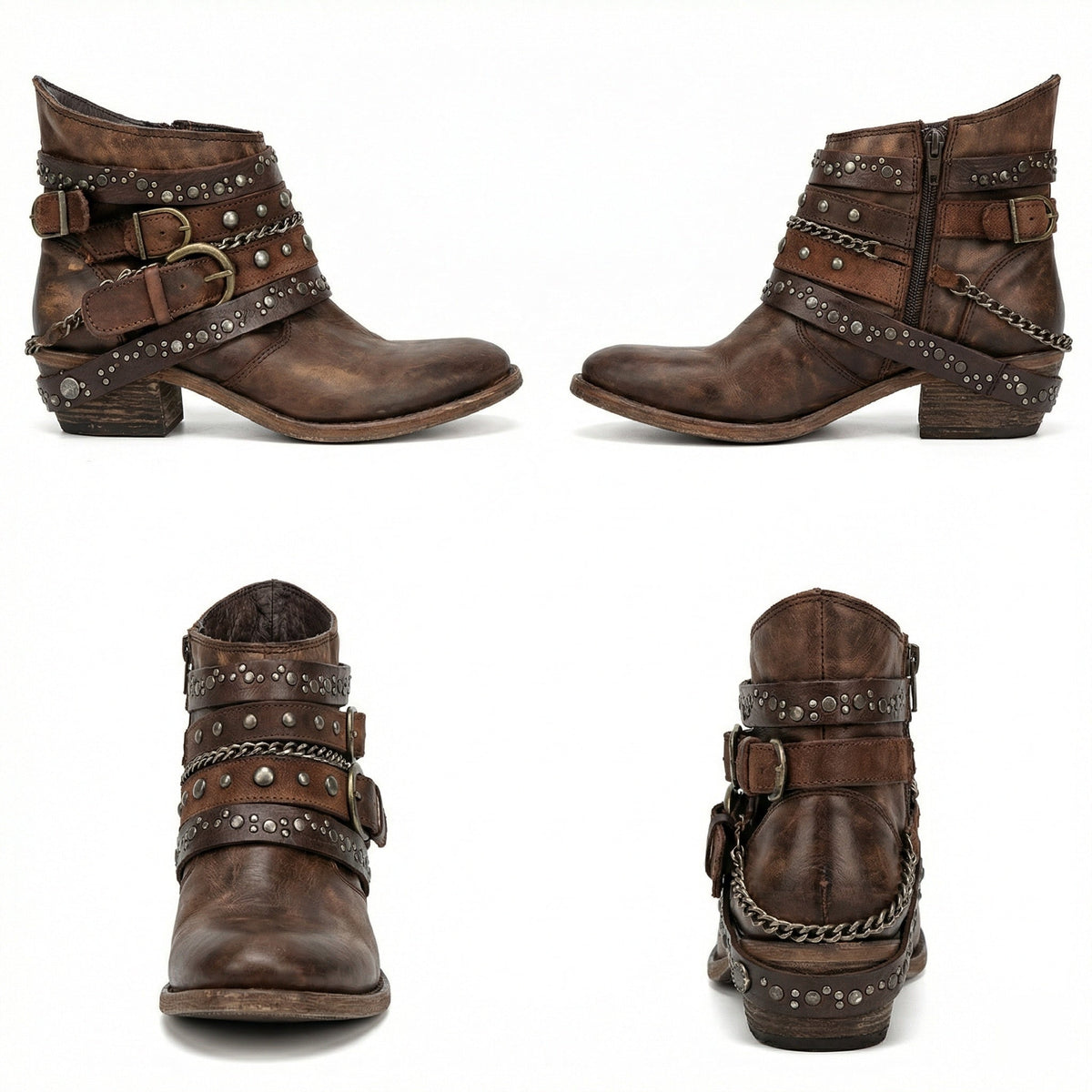 Stövletter dam med nitar, spännen och kedja, vintage boots med klack - view 7