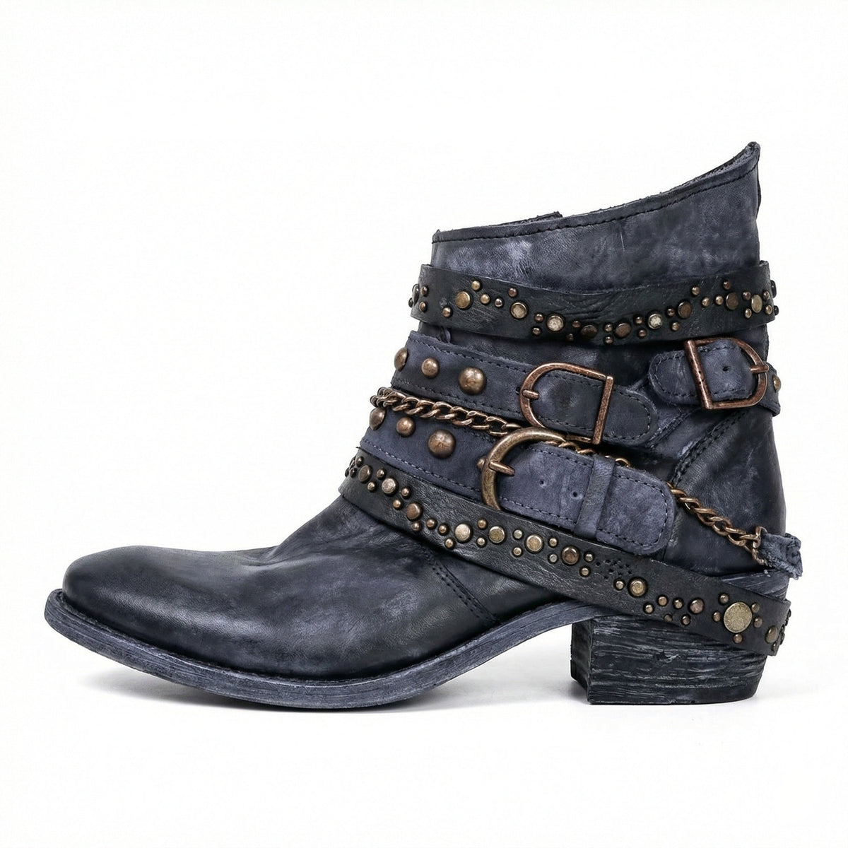 Stövletter dam med nitar, spännen och kedja, vintage boots med klack - Blå