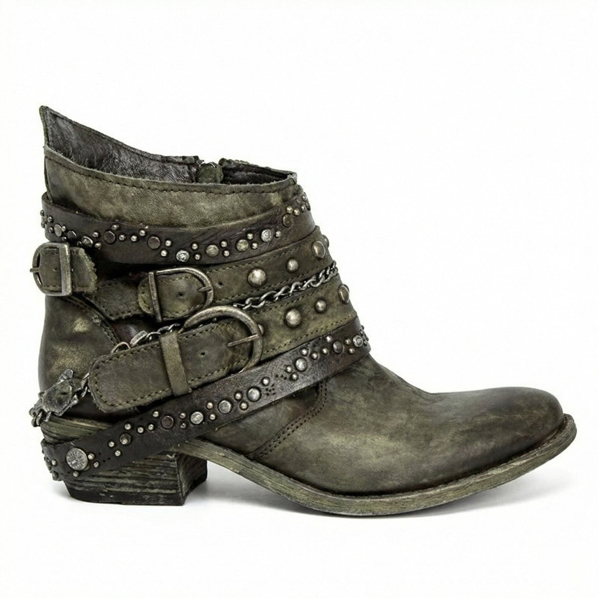 Stövletter dam med nitar, spännen och kedja, vintage boots med klack - Grön