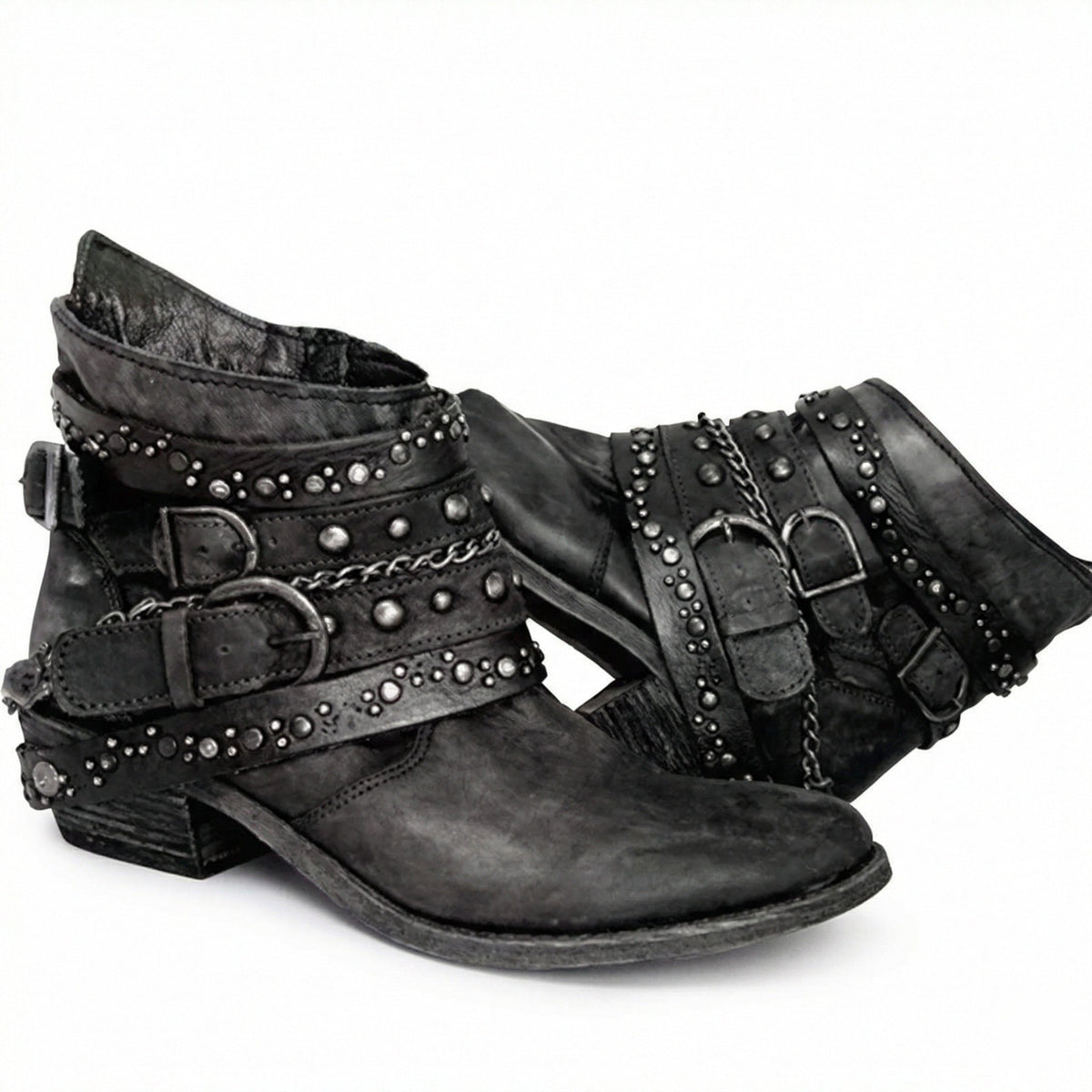 Stövletter dam med nitar, spännen och kedja, vintage boots med klack - Svart