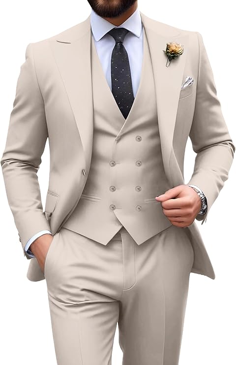 Tredelad kostym för herr i slim fit med toppslag, till bröllop och fest - Beige