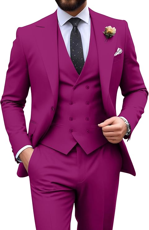 Tredelad kostym för herr i slim fit med toppslag, till bröllop och fest - Fuchsia