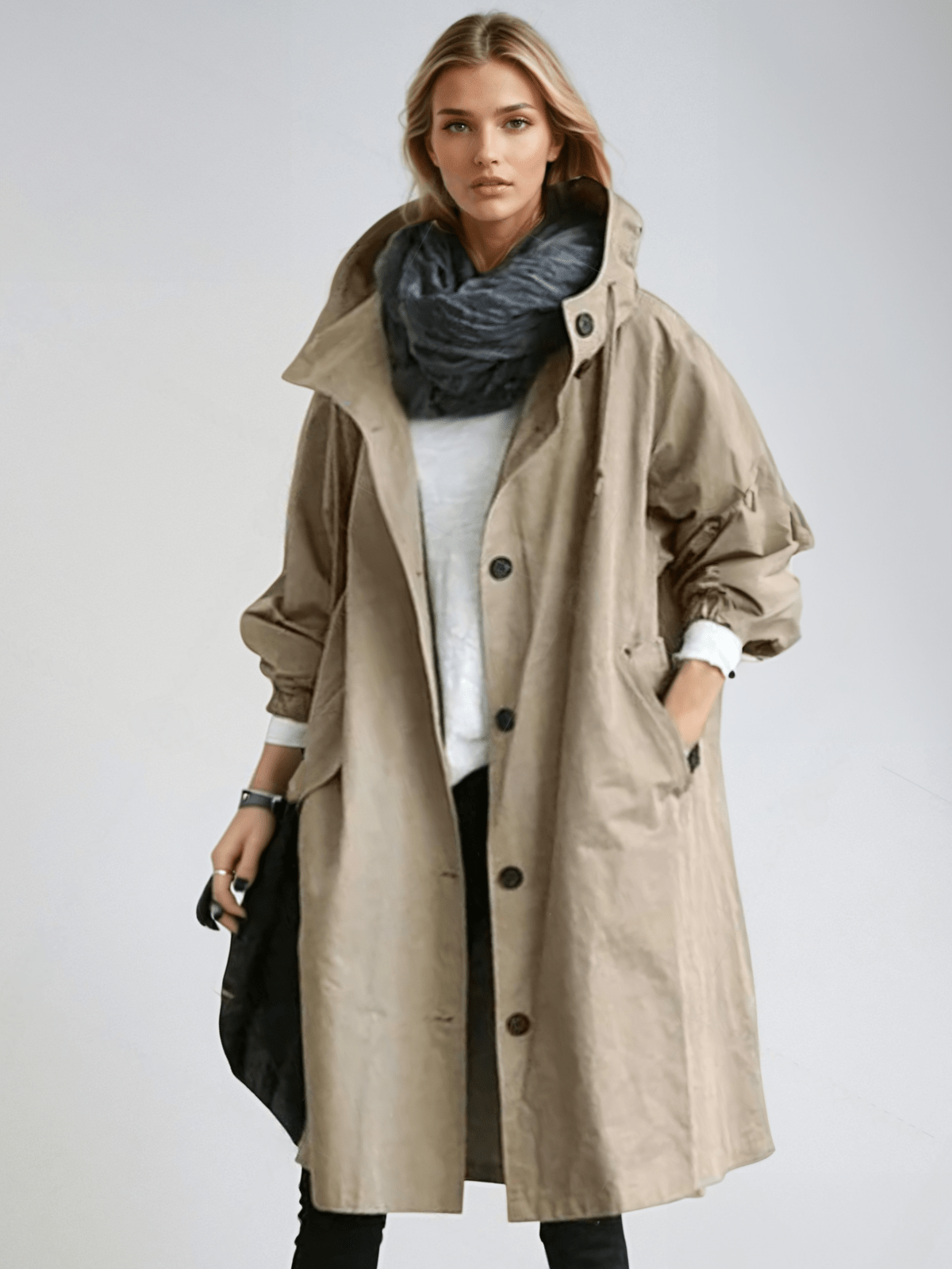 Trenchcoat dam med huva, lång oversize kappa till höst och vår - Brun
