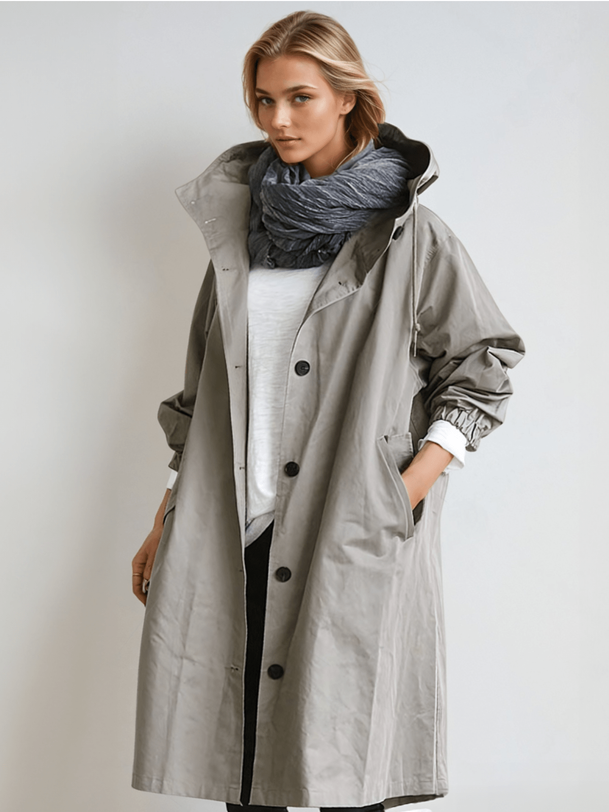 Trenchcoat dam med huva, lång oversize kappa till höst och vår - Grå
