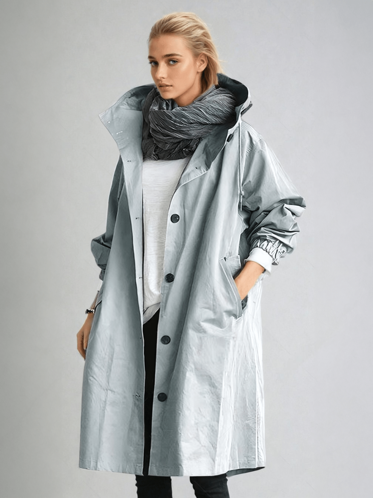Trenchcoat dam med huva, lång oversize kappa till höst och vår - Ljusblå