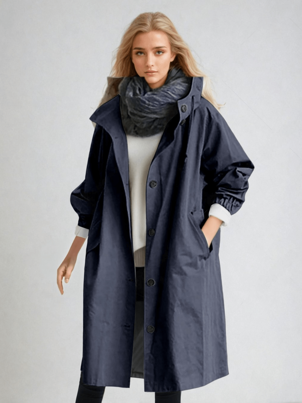 Trenchcoat dam med huva, lång oversize kappa till höst och vår - Marinblå