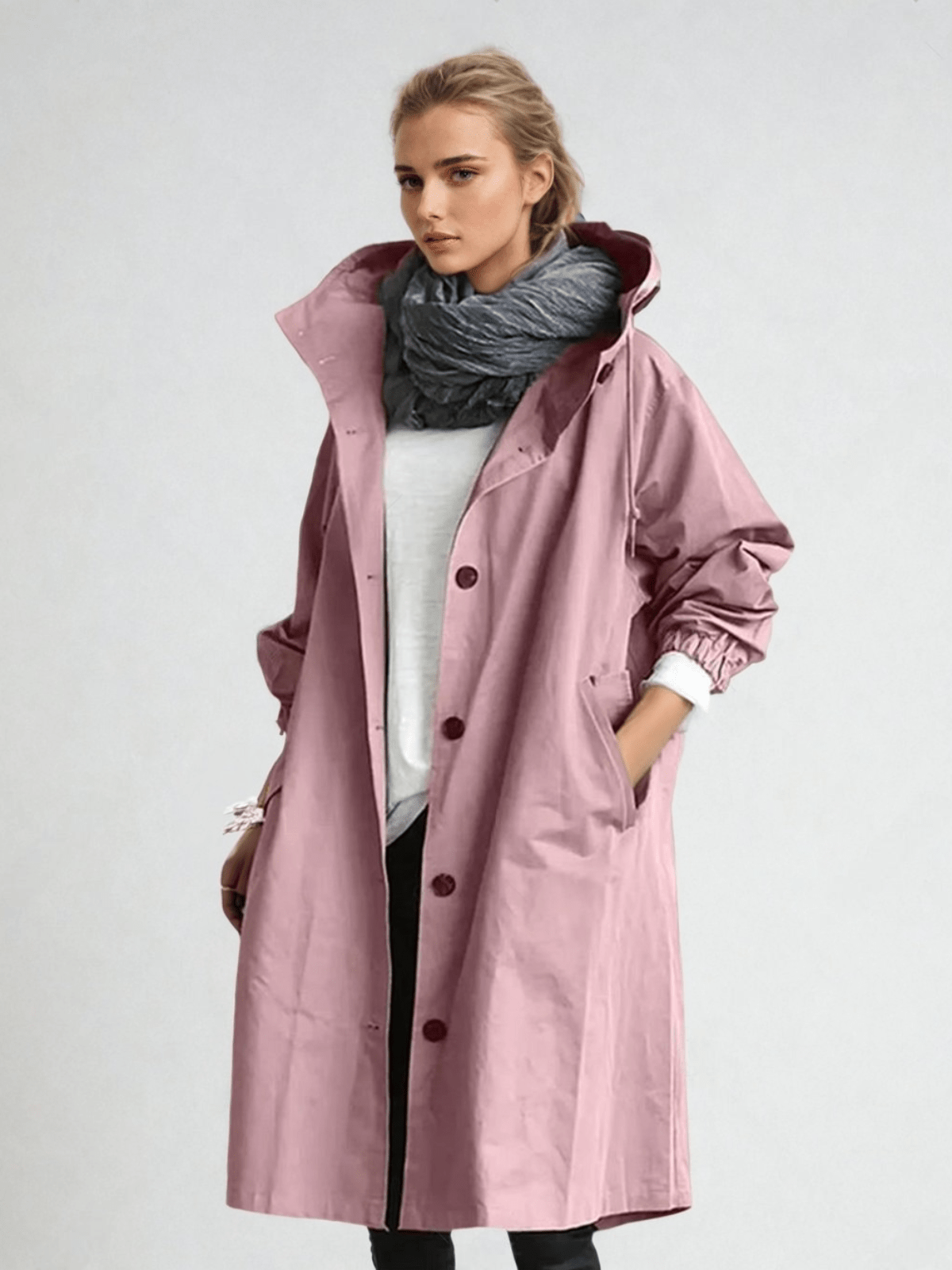 Trenchcoat dam med huva, lång oversize kappa till höst och vår - Rosa