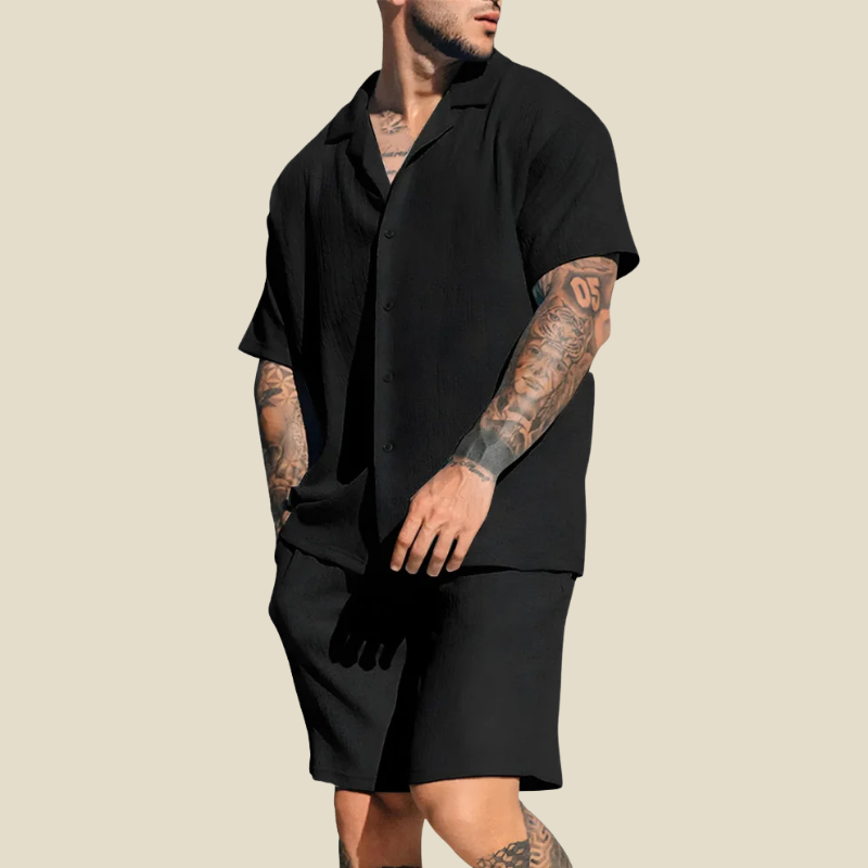 Tvådelat set herr med kortärmad skjorta och shorts, matchande sommarset till semestern - Svart
