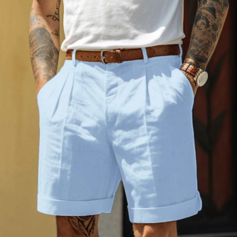 Veckade chinosshorts herr i bomull, snygga sommarshorts till vardag och fest - Ljusblå