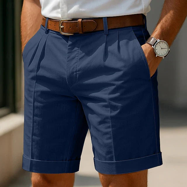 Veckade chinosshorts herr i bomull, snygga sommarshorts till vardag och fest - Mörkblå