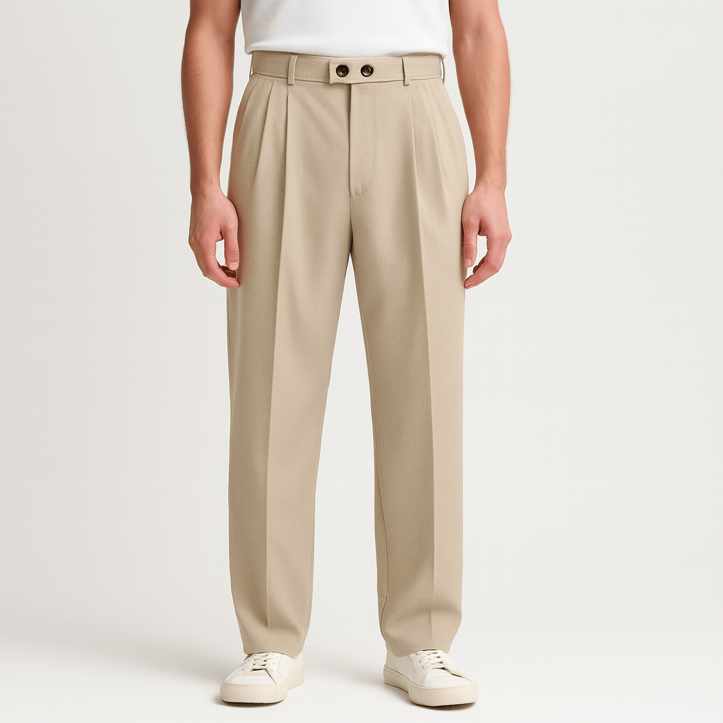 Vida kostymbyxor herr med veck, luftiga byxor med loose fit och hög midja - Beige