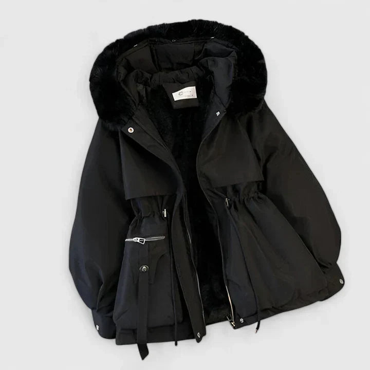Vinterjacka dam parkas med pälskrage och teddyfoder, varm jacka med huva och dragsko i midjan - Svart